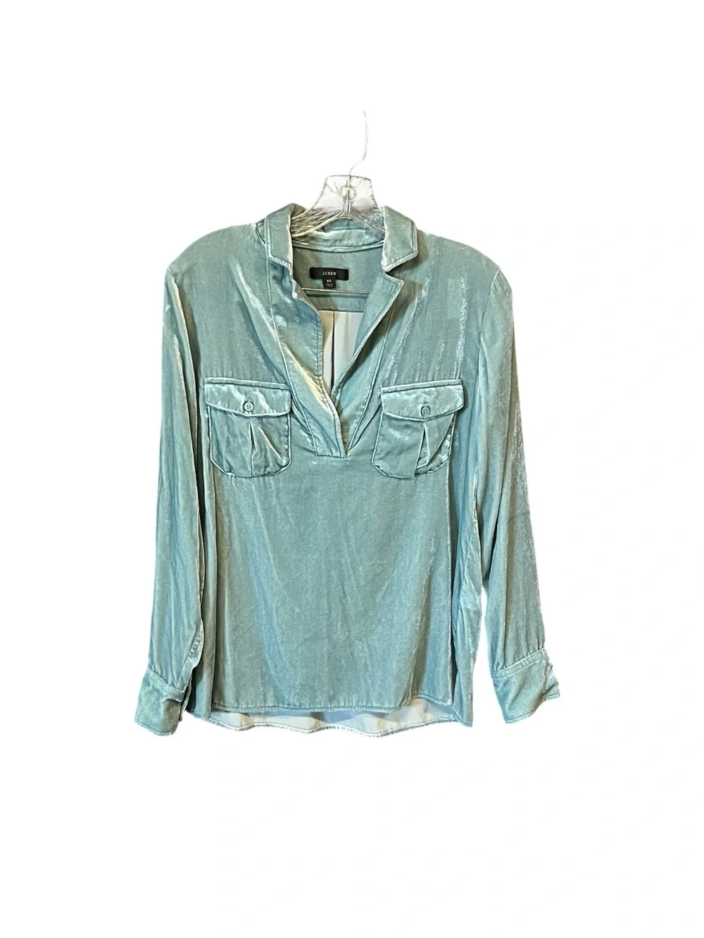 J.Crew Metallic Aqua Popover Blouse XS Long Sleeve Shimmer Career Party Top
